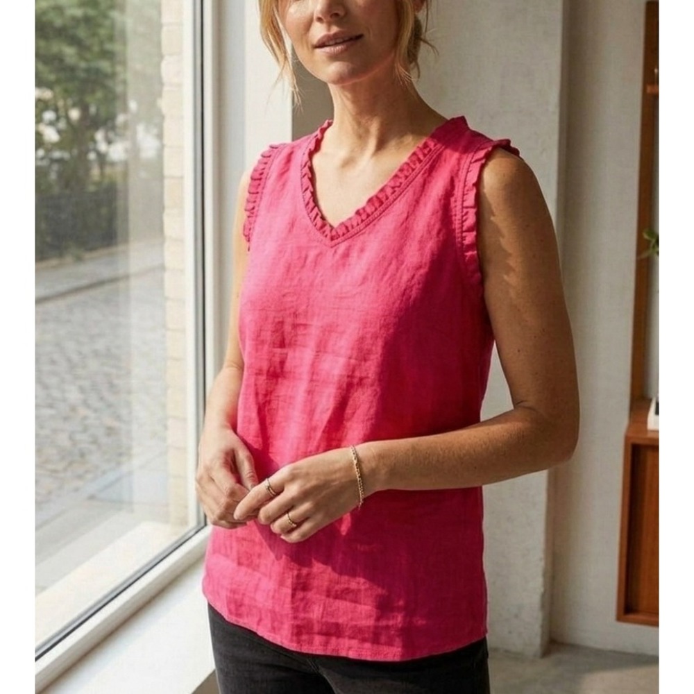 Coupe Collection Women Pink 100% Linen Ruffle V-Neck Sleeveless Tank Top Size S